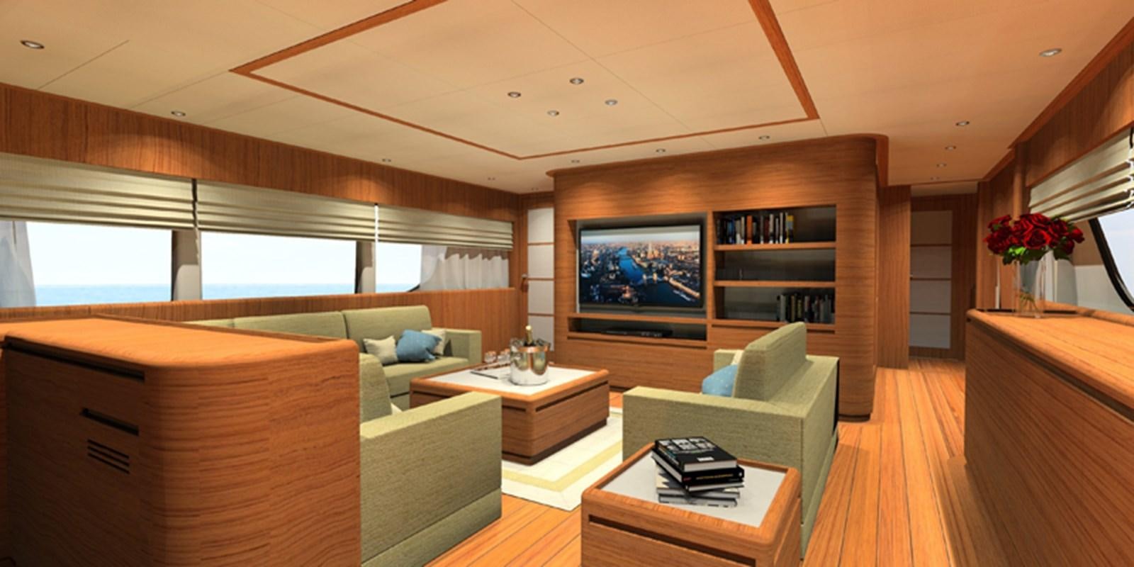 a living room with a tv and a table aboard NAVETTA 656 Yacht for Sale