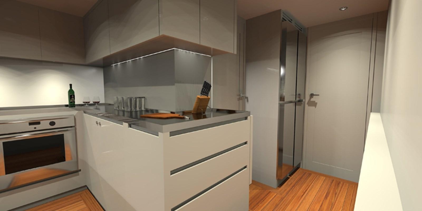 a kitchen with white cabinets aboard NAVETTA 656 Yacht for Sale