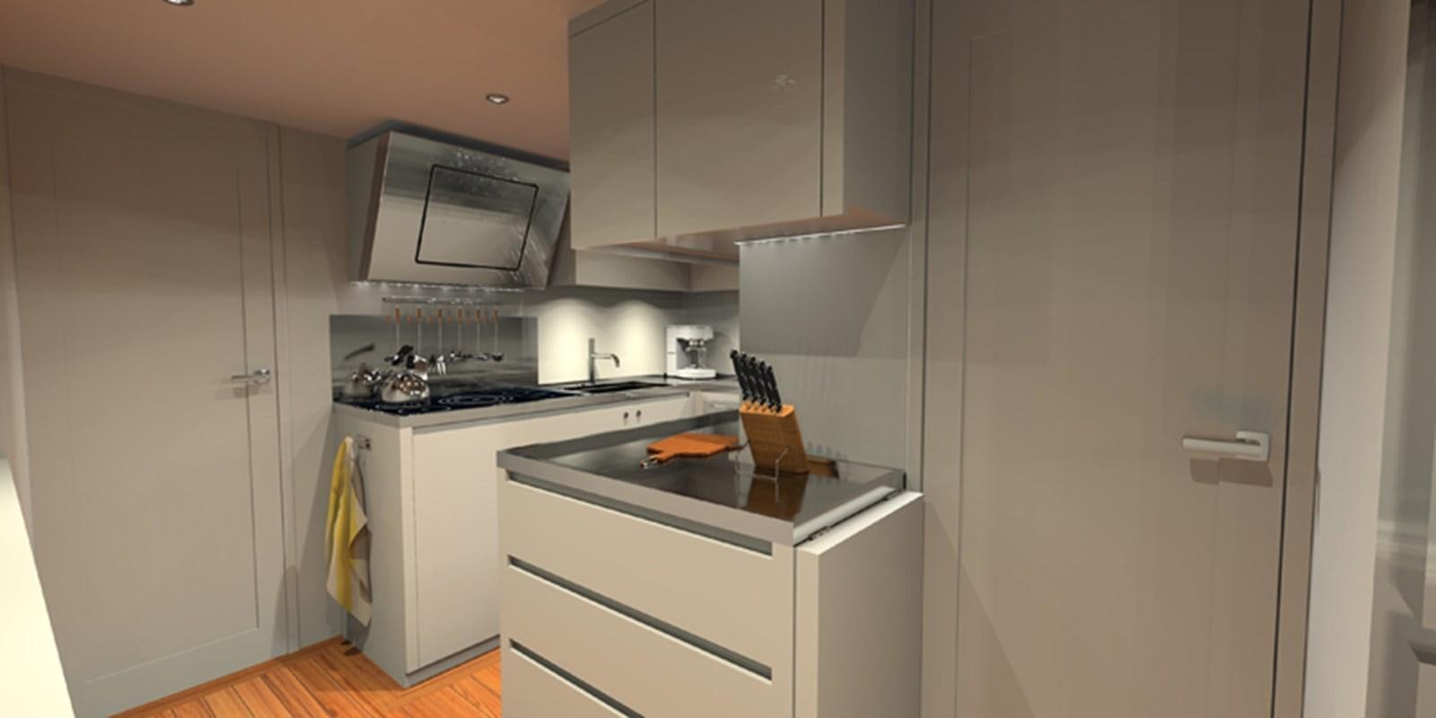 a kitchen with white cabinets aboard NAVETTA 656 Yacht for Sale