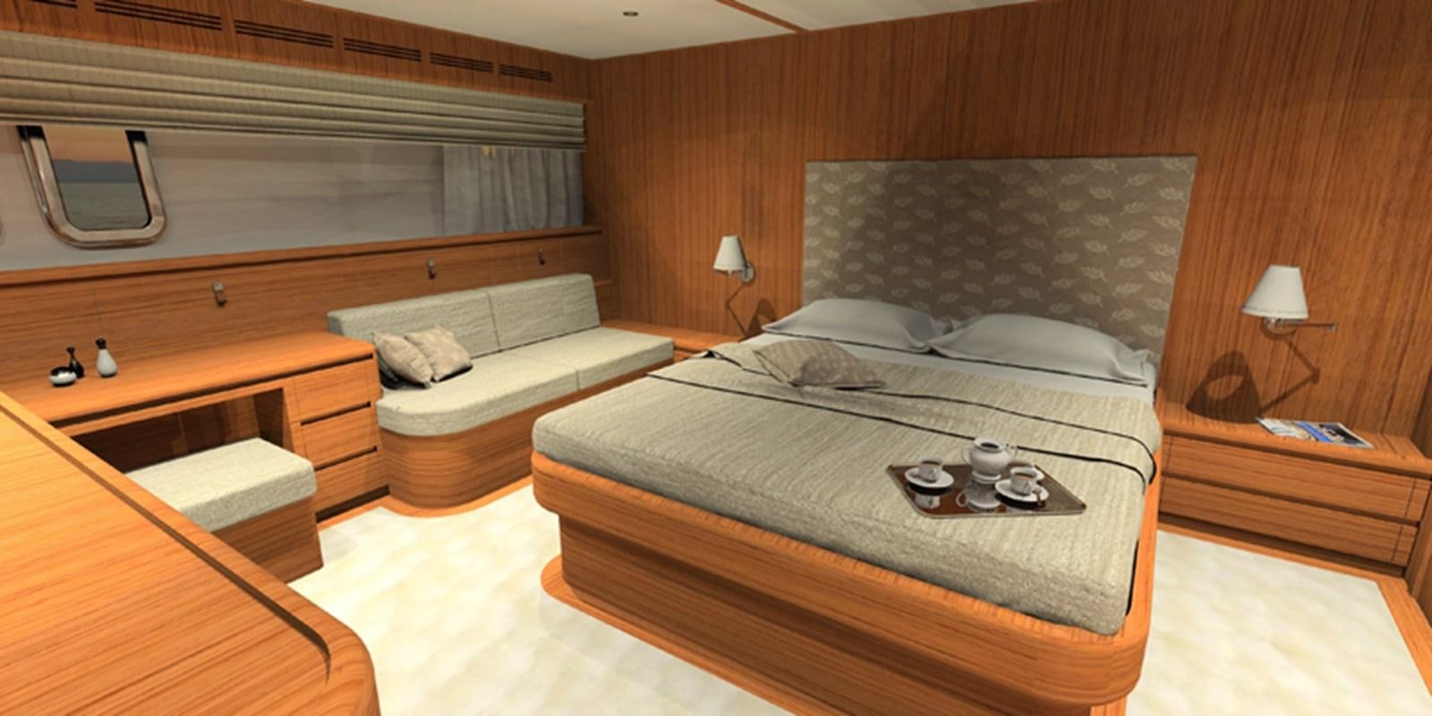 a bed with a couch and a coffee table aboard NAVETTA 656 Yacht for Sale