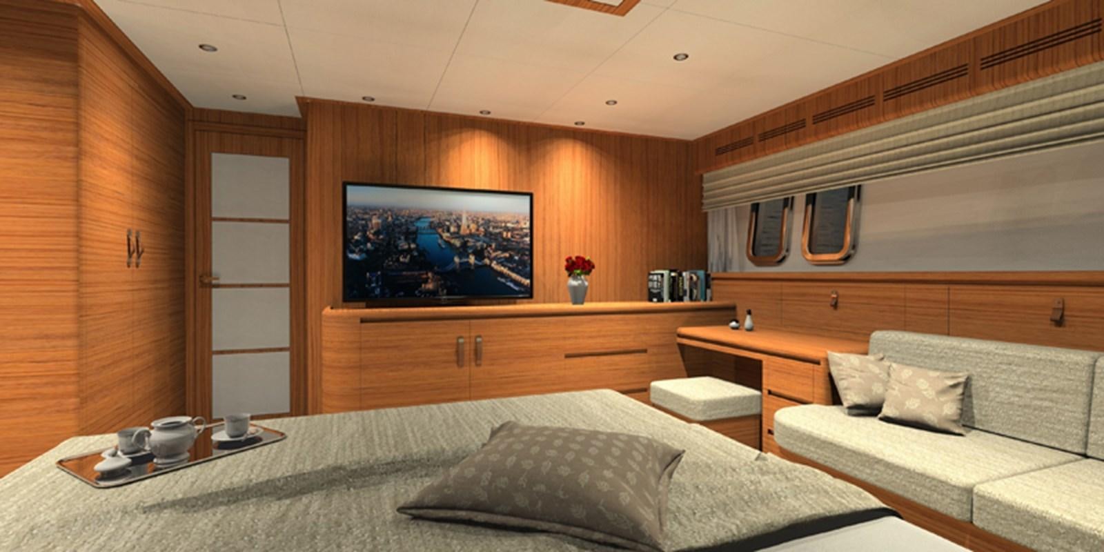 a living room with a large television aboard NAVETTA 656 Yacht for Sale