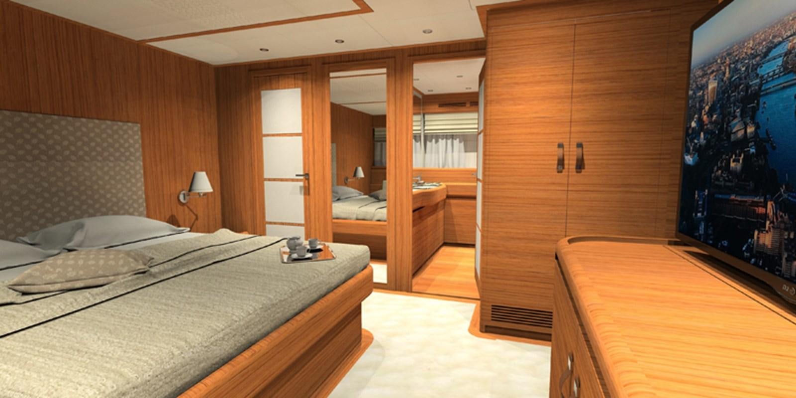 a bedroom with a bed and a desk aboard NAVETTA 656 Yacht for Sale