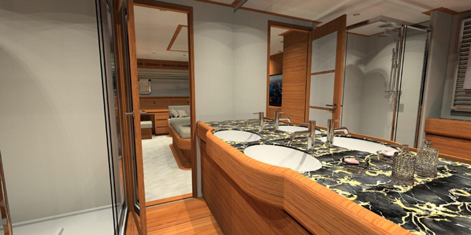 a bathroom with a large mirror aboard NAVETTA 656 Yacht for Sale