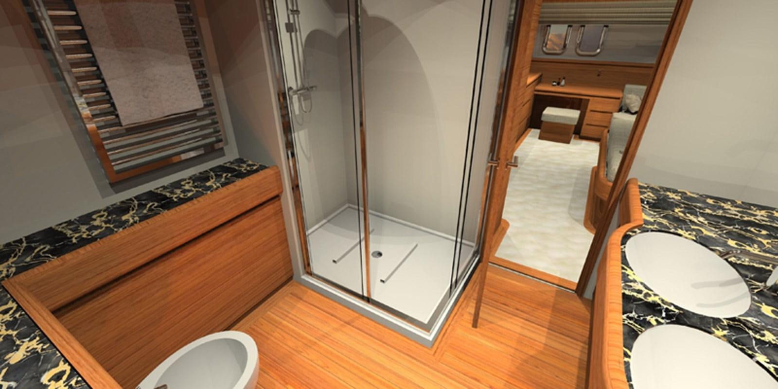 a bathroom with a shower and sink aboard NAVETTA 656 Yacht for Sale