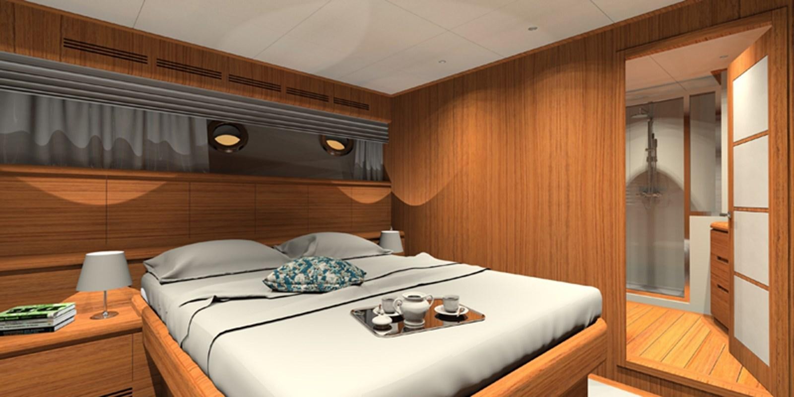 a bed with a white sheet and a wooden wall aboard NAVETTA 656 Yacht for Sale
