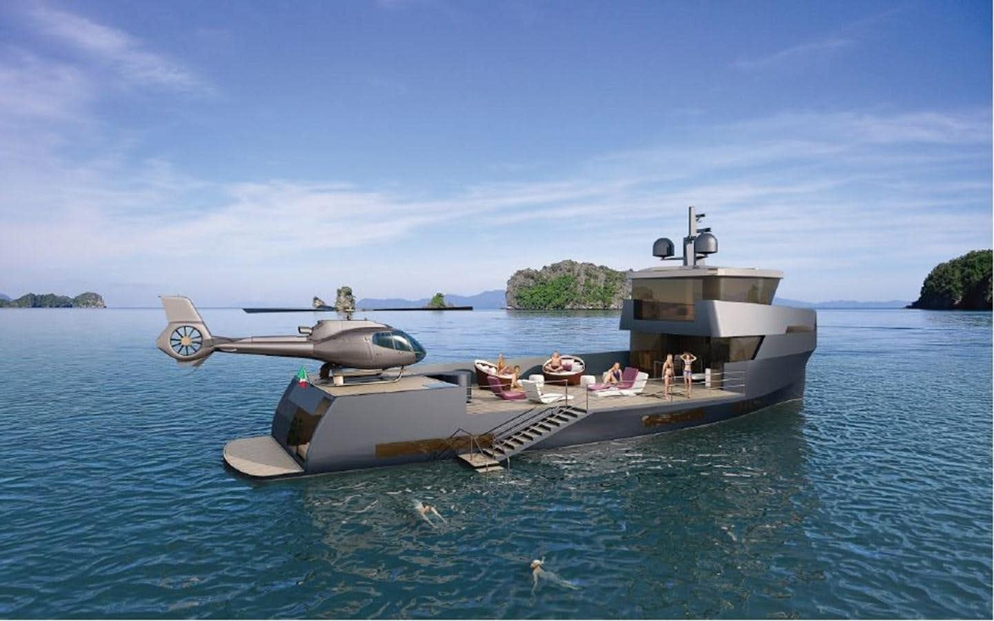 a boat with a helicopter on it aboard OCEAN KING 100 Yacht for Sale