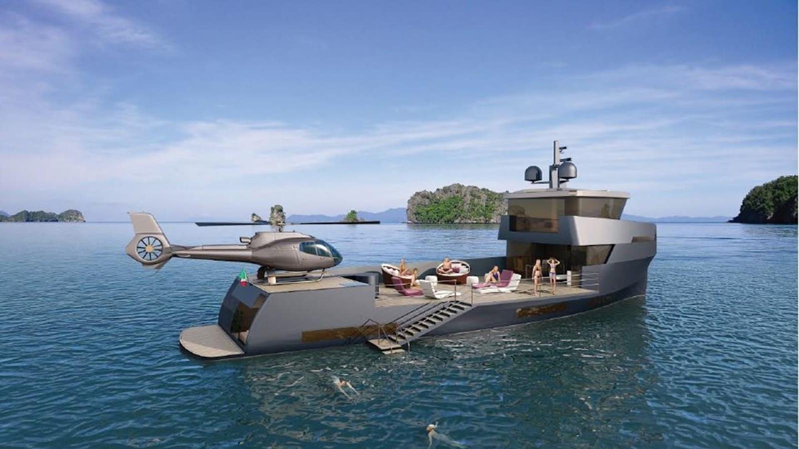 a boat with a helicopter on it aboard OCEAN KING 100 Yacht for Sale
