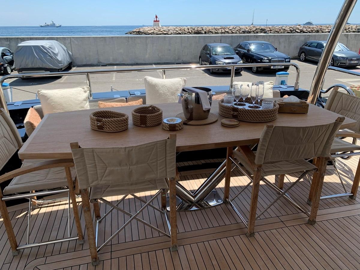 a table with plates and cups on it aboard KAPUSHA Yacht for Sale