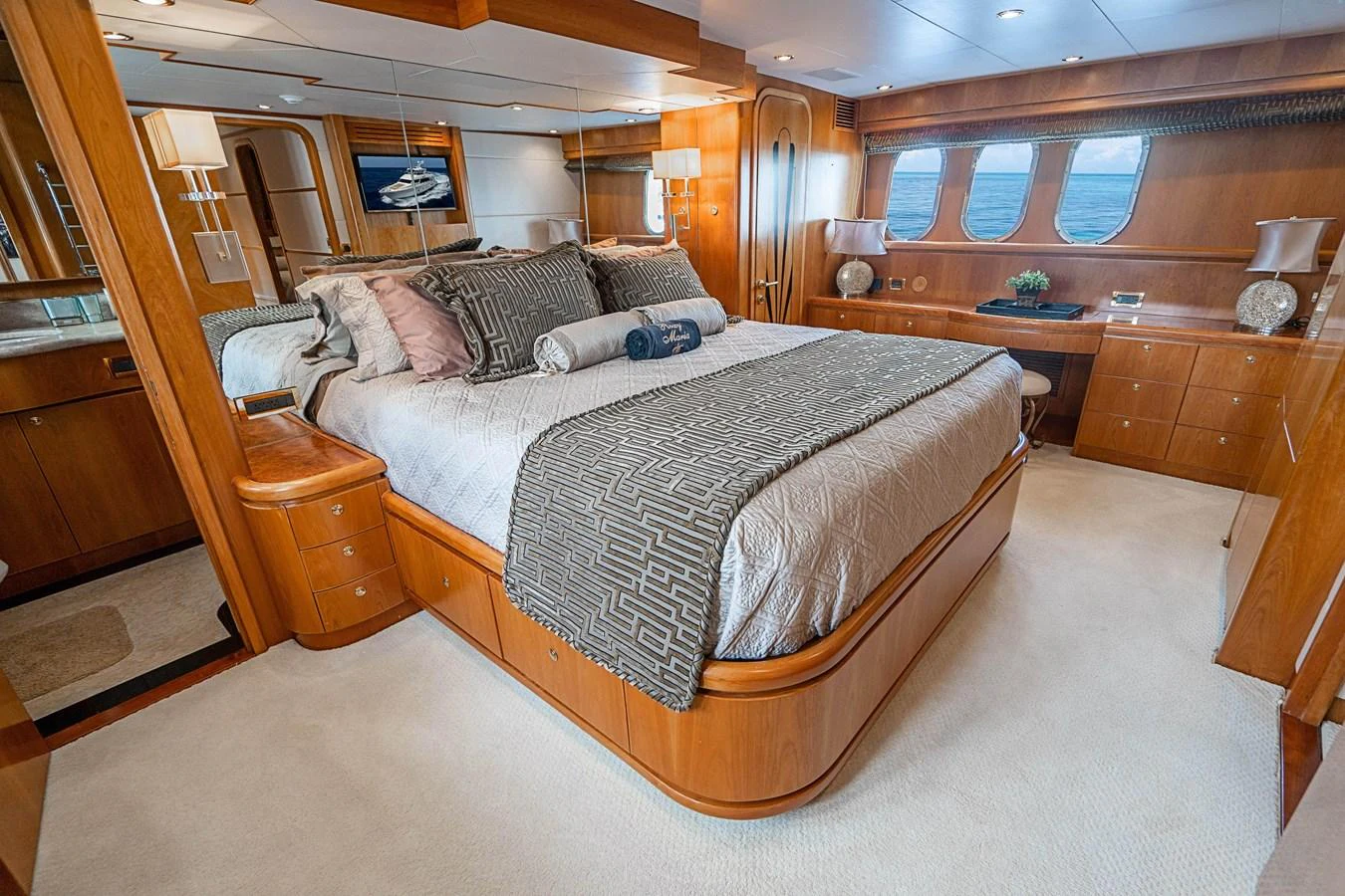 a large bed in a room aboard ROXY MARIA Yacht for Sale