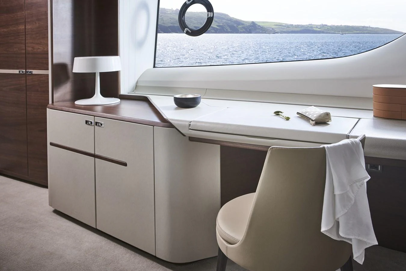 a white kitchen with a white counter aboard PRINCESS 85MY 2019 Yacht for Sale