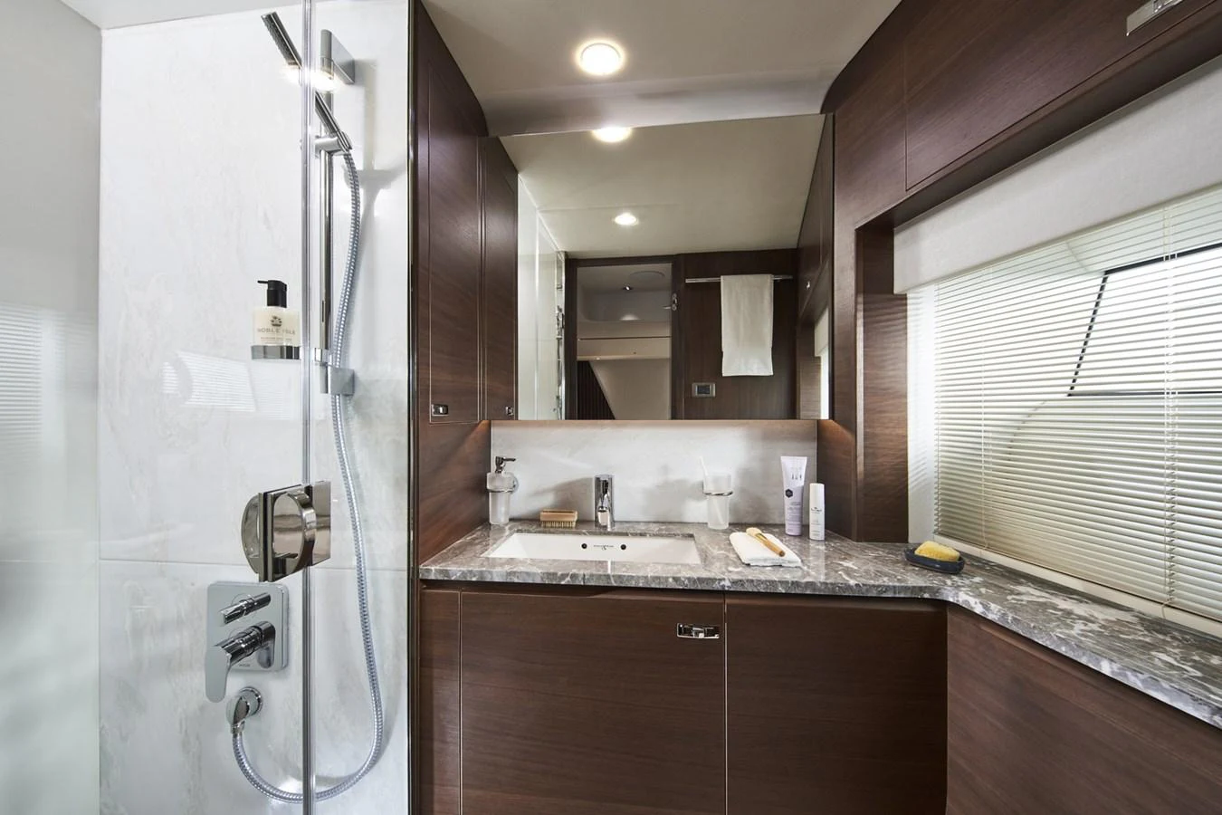 a bathroom with a shower unit and sink aboard PRINCESS 85MY 2019 Yacht for Sale