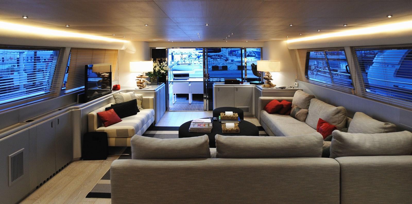 a living room with a large window aboard PETARDO C Yacht for Sale