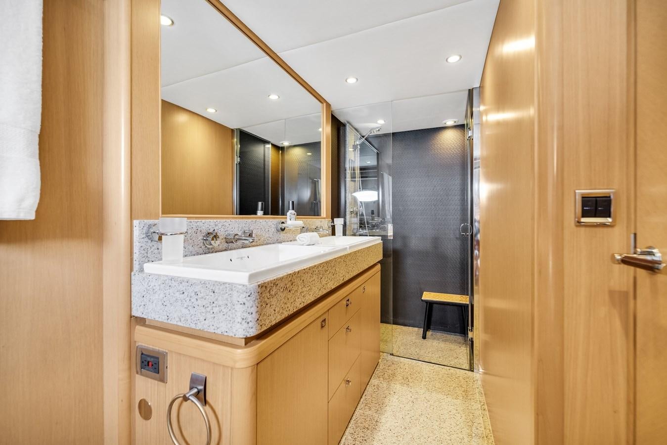 a bathroom with a large mirror aboard PRINCESS 85 MY Yacht for Sale