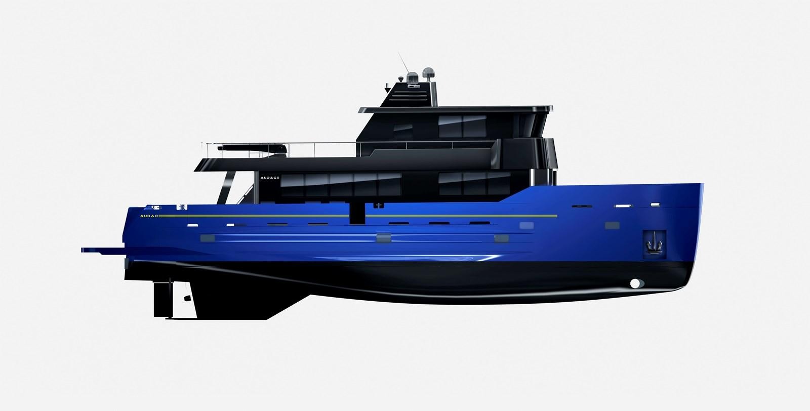 a blue and black boat aboard AUDACE 80 Yacht for Sale
