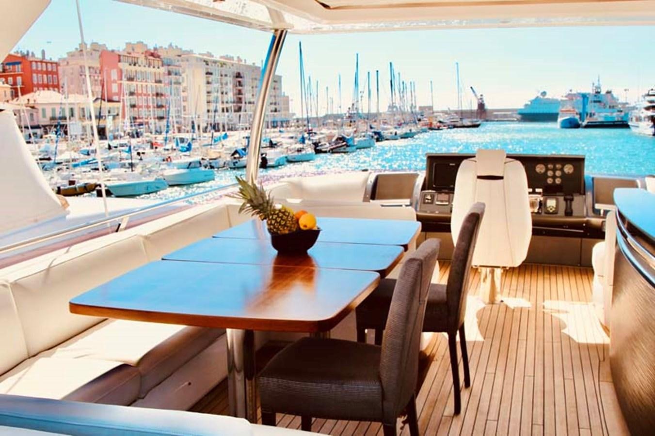 a table with chairs on it next to a window overlooking a city aboard AQUA CHAMELEON Yacht for Sale