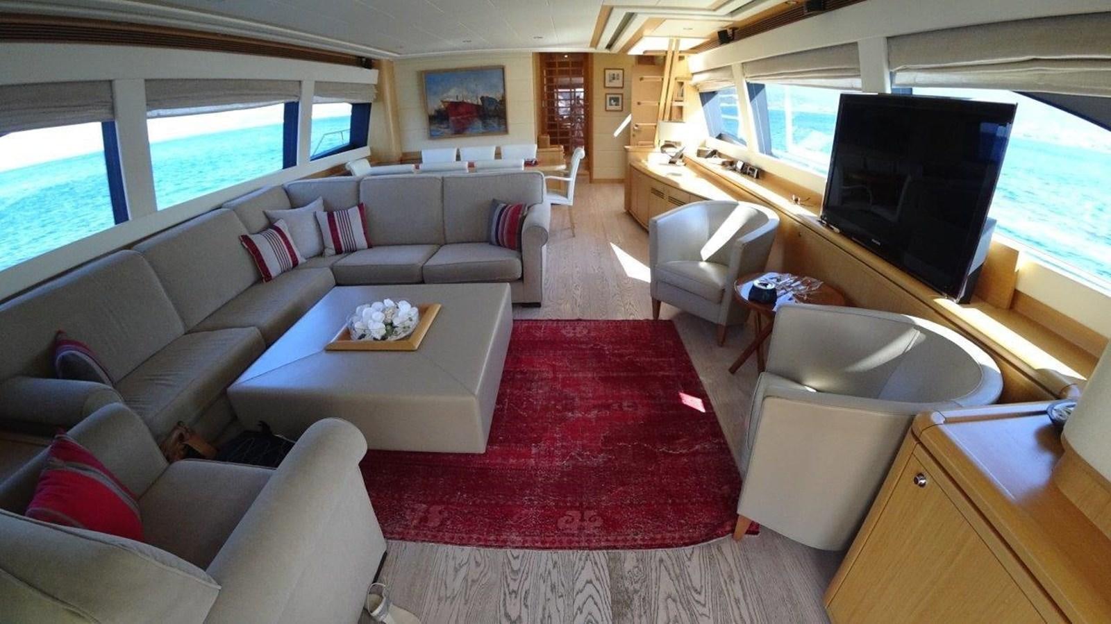 a living room with a red rug aboard CHUPRIANA Yacht for Sale