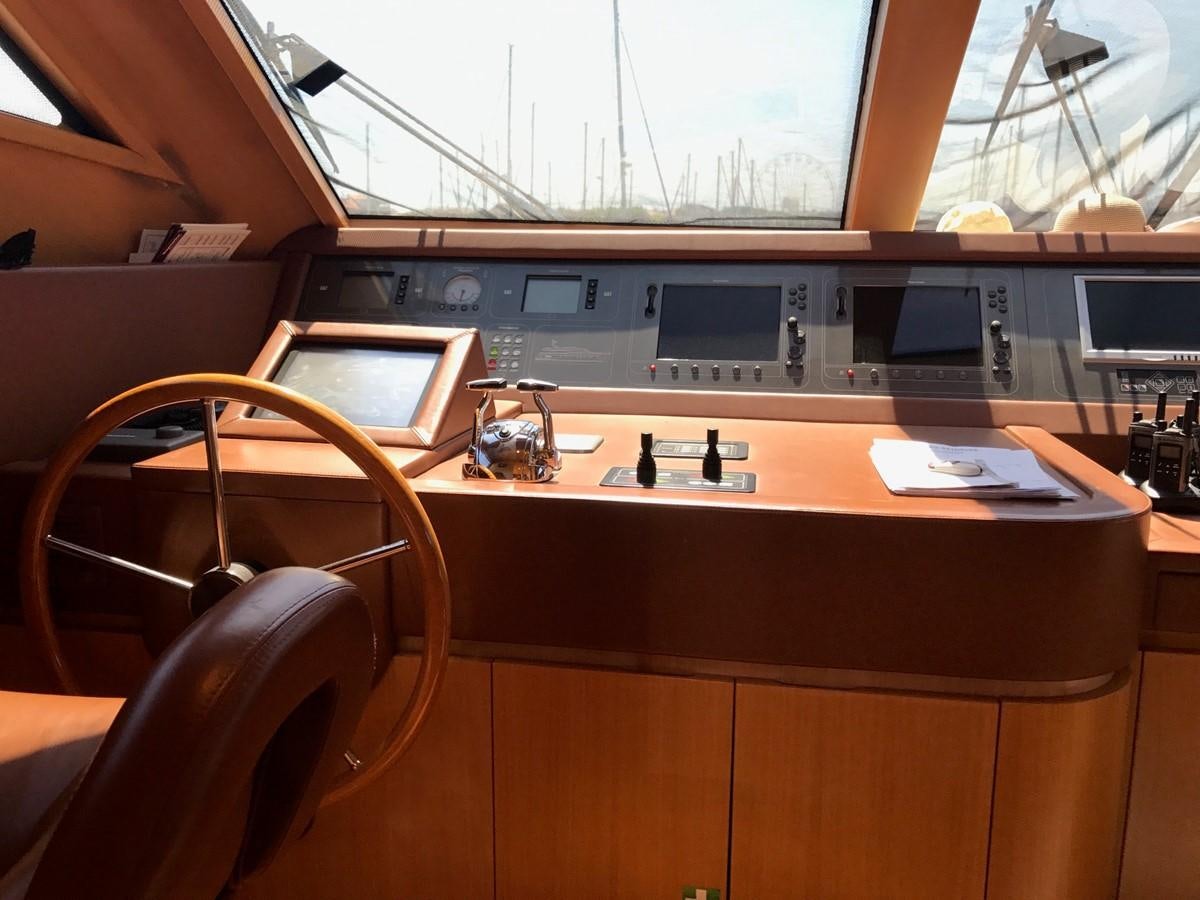 a wooden desk with a computer and other electronic devices on it aboard LADY LO OF LONDON Yacht for Sale
