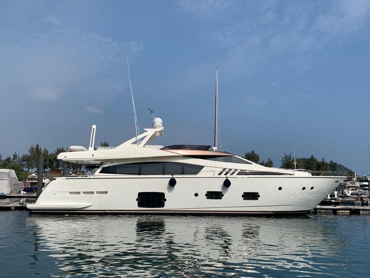 a white yacht in a harbor aboard FERRETTI F800/27 Yacht for Sale