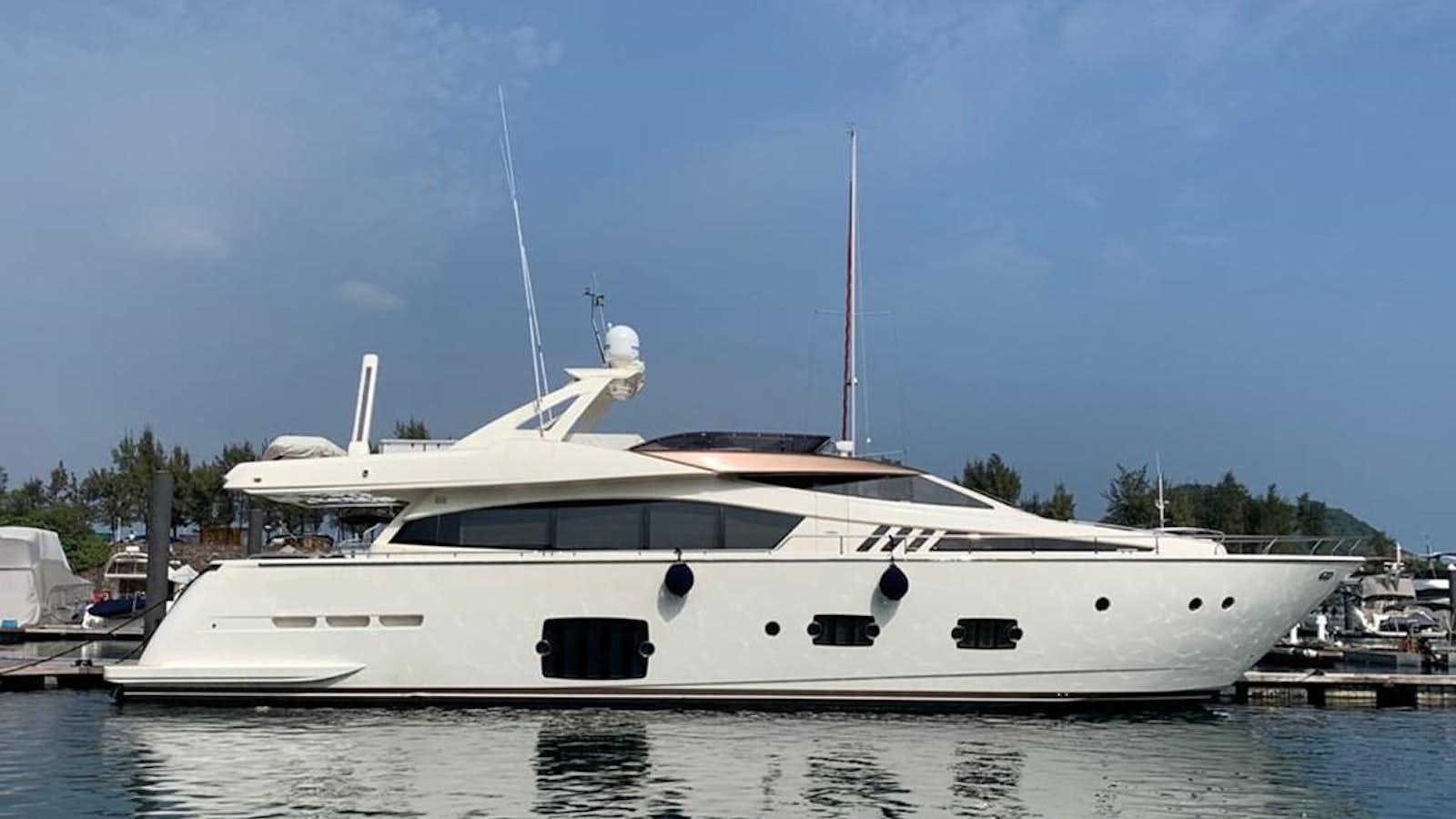 a white yacht in a harbor aboard FERRETTI 800 Yacht for Sale