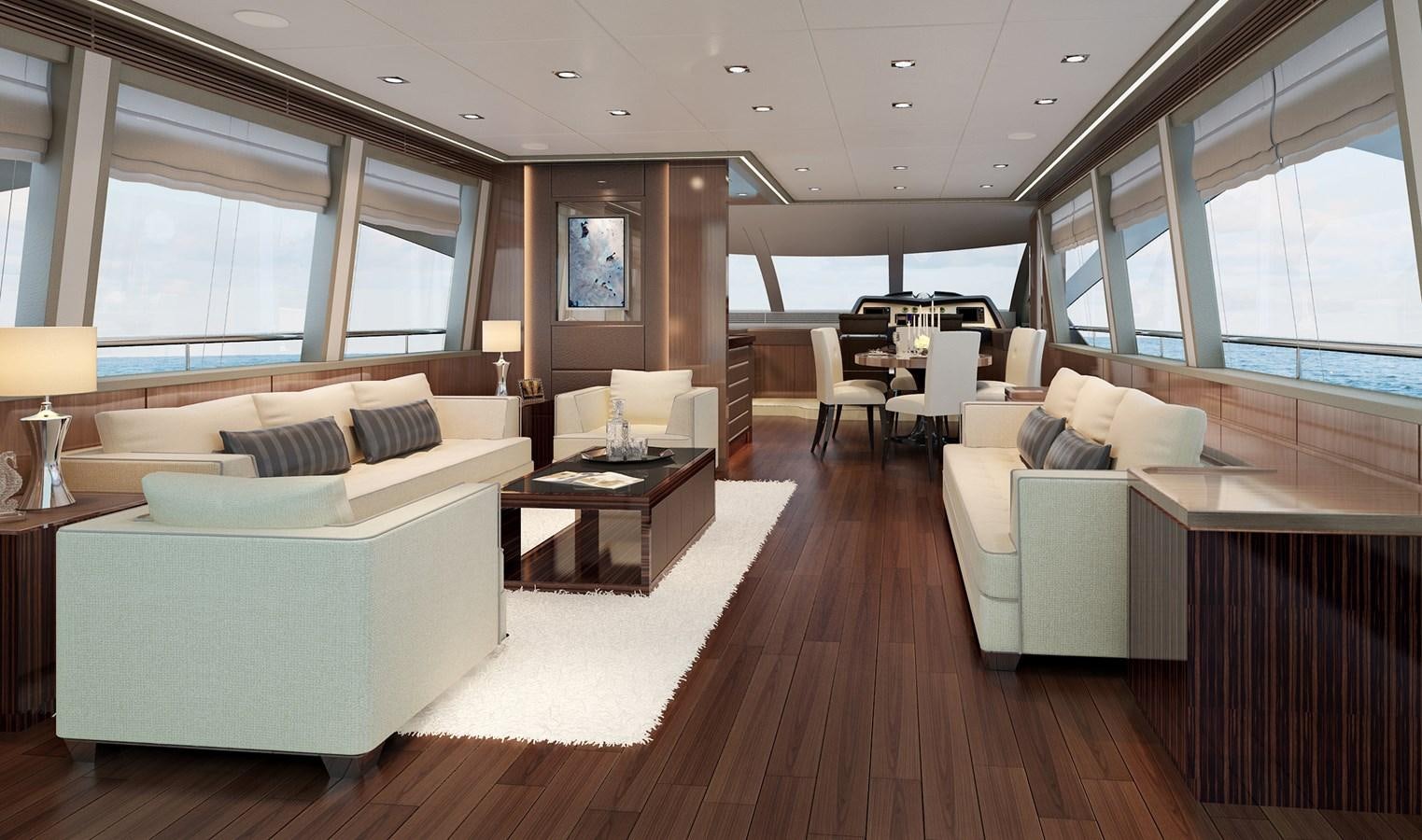 a living room with a large window aboard PUCCINI 78 Yacht for Sale
