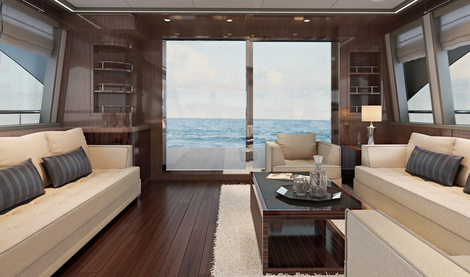 a living room with a large window aboard PUCCINI 78 Yacht for Sale