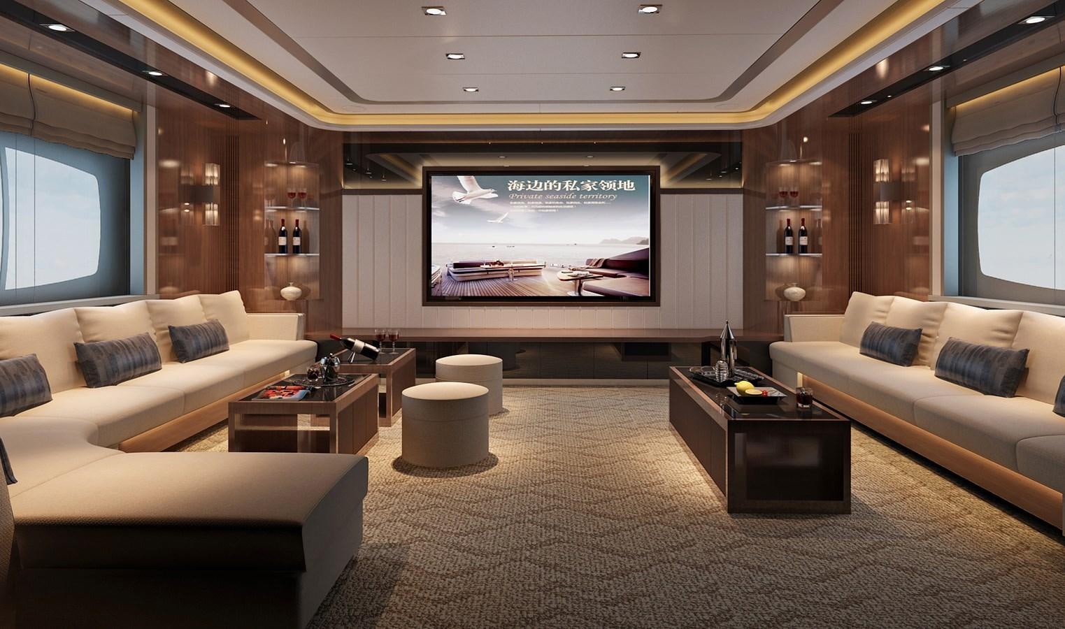a living room with a large screen aboard PUCCINI 78 Yacht for Sale
