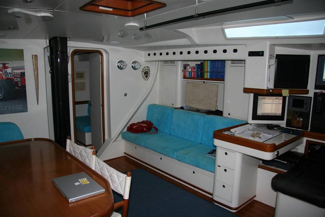 a room with a bed and desk aboard CAPRICORNO Yacht for Sale