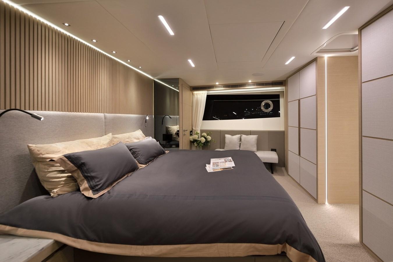 a large bed in a room aboard FD75  709 Yacht for Sale