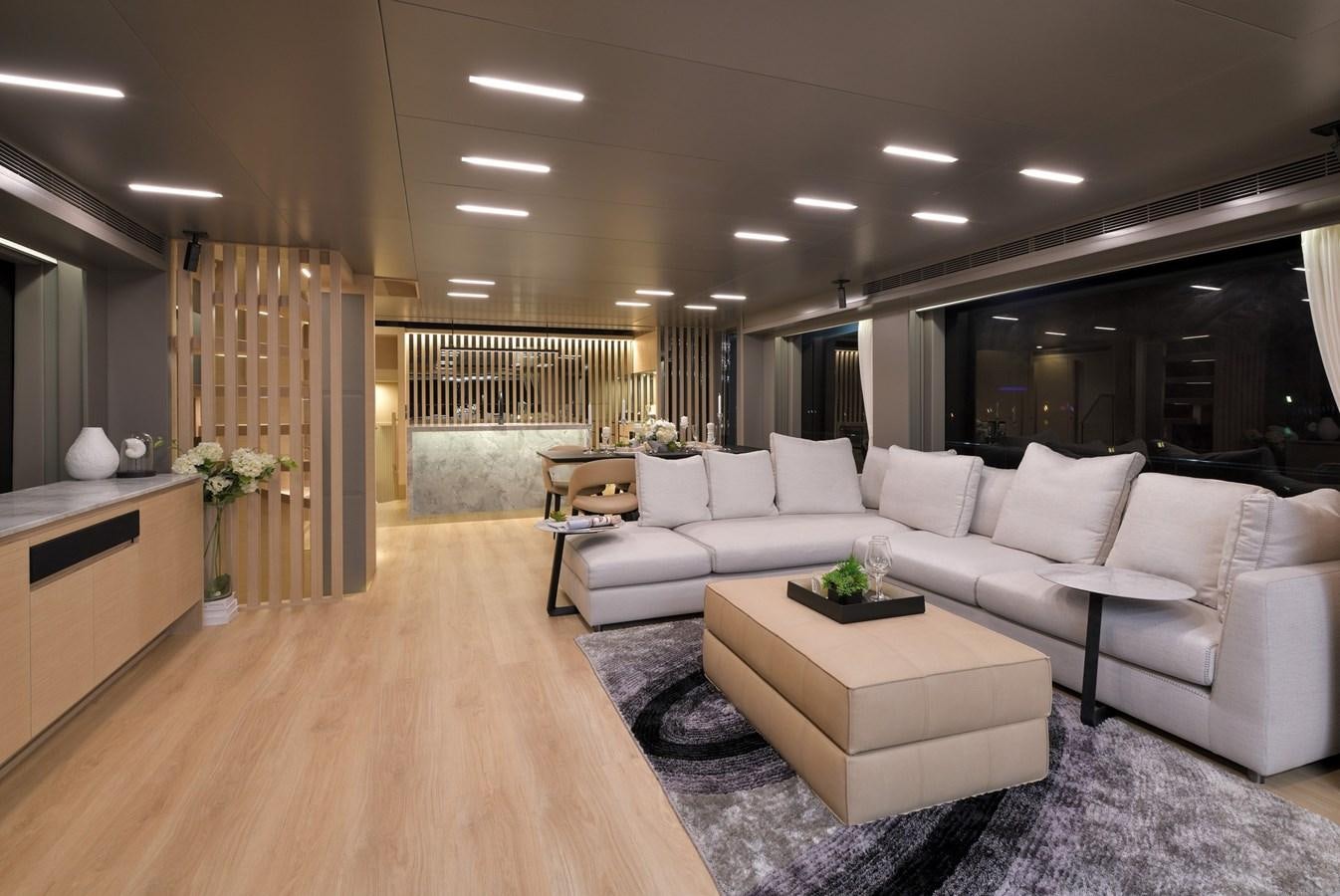 a living room with a large window aboard FD75  709 Yacht for Sale