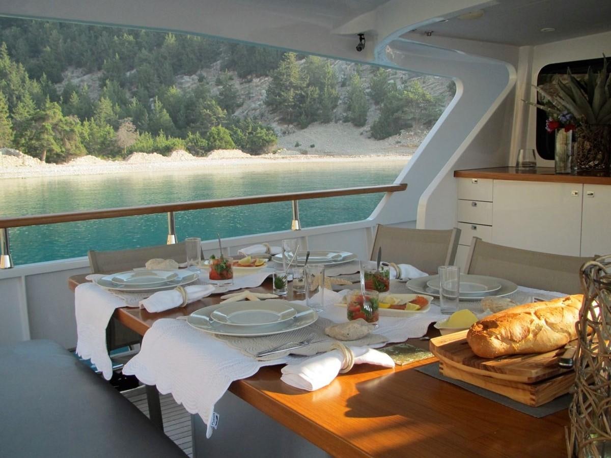 a table with plates and food on it aboard CASPA Yacht for Sale