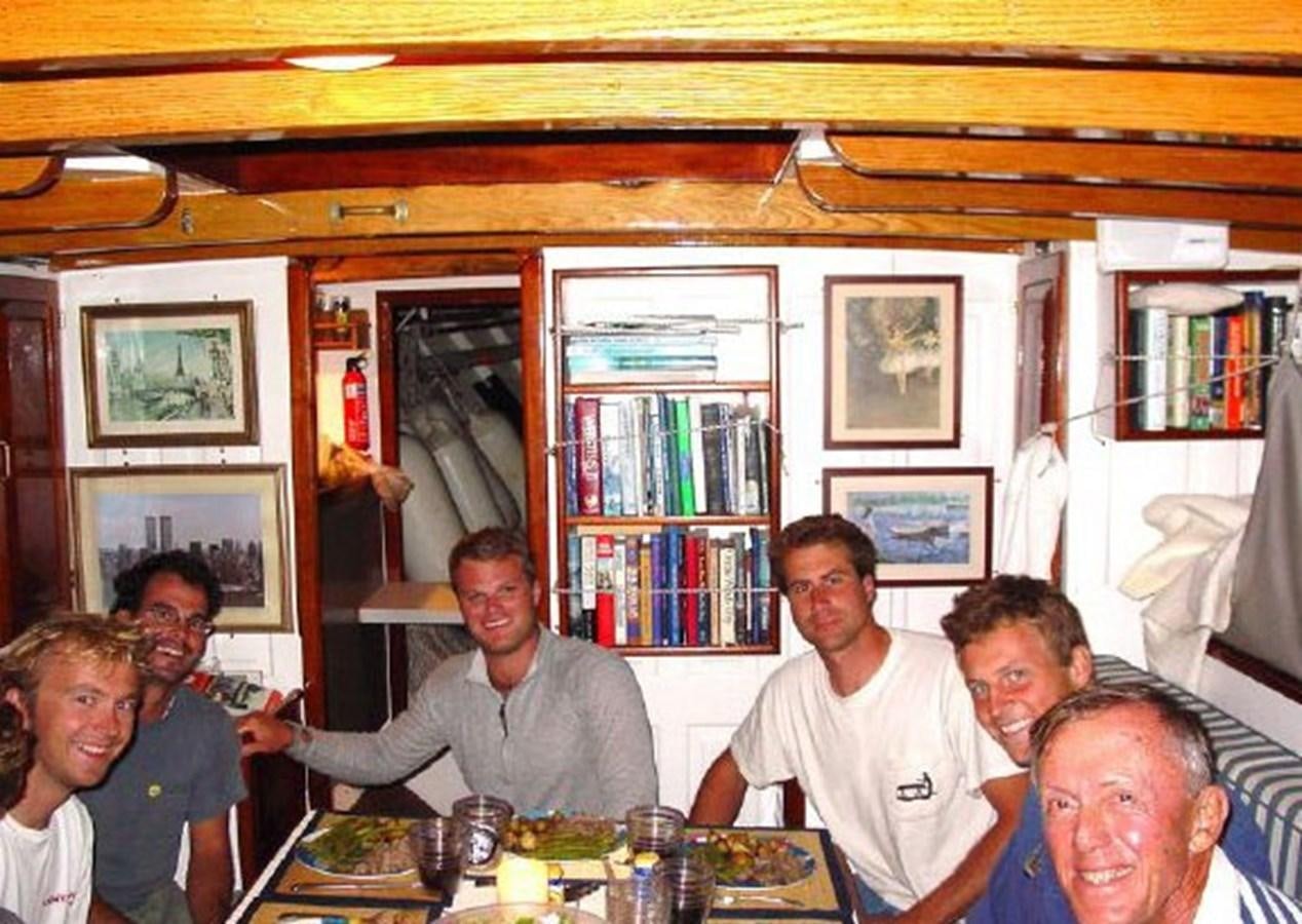 a group of people sitting around a table aboard RUGOSA Yacht for Sale