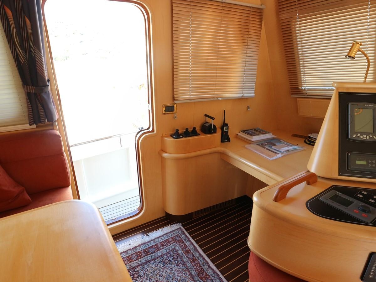 a small living room with a small television and a window aboard Polar Princess Yacht for Sale