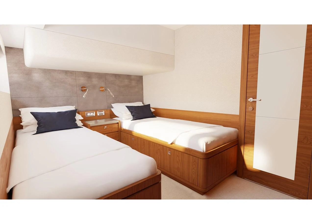 a room with two beds aboard JOHNSON 70' SKYLOUNGE M/Y Yacht for Sale