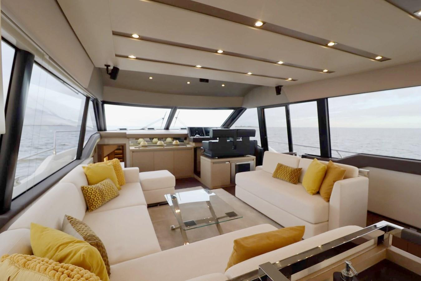 a living room with a large window aboard PRESTIGE 680 FLY Yacht for Sale