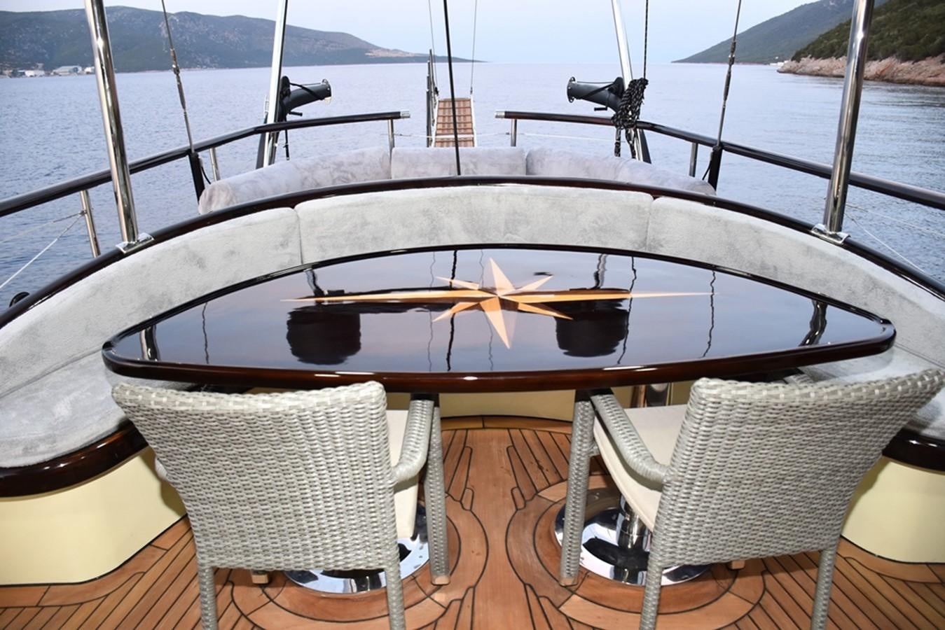 a table with chairs and a guitar on it aboard NOSTALGIA Yacht for Sale