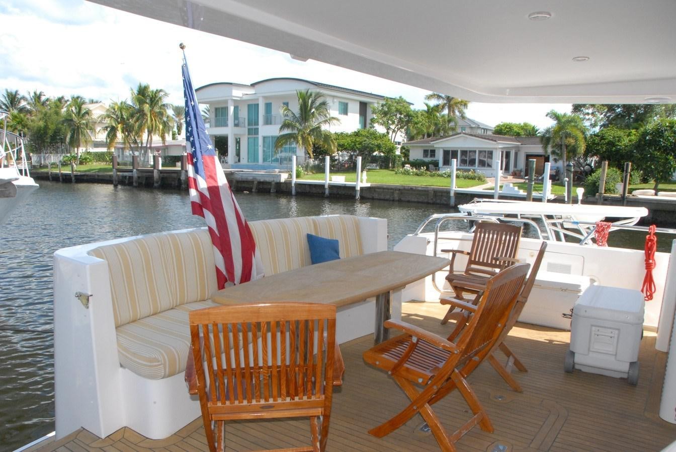 a deck with chairs and tables on it aboard ROOM SERVICE Yacht for Sale