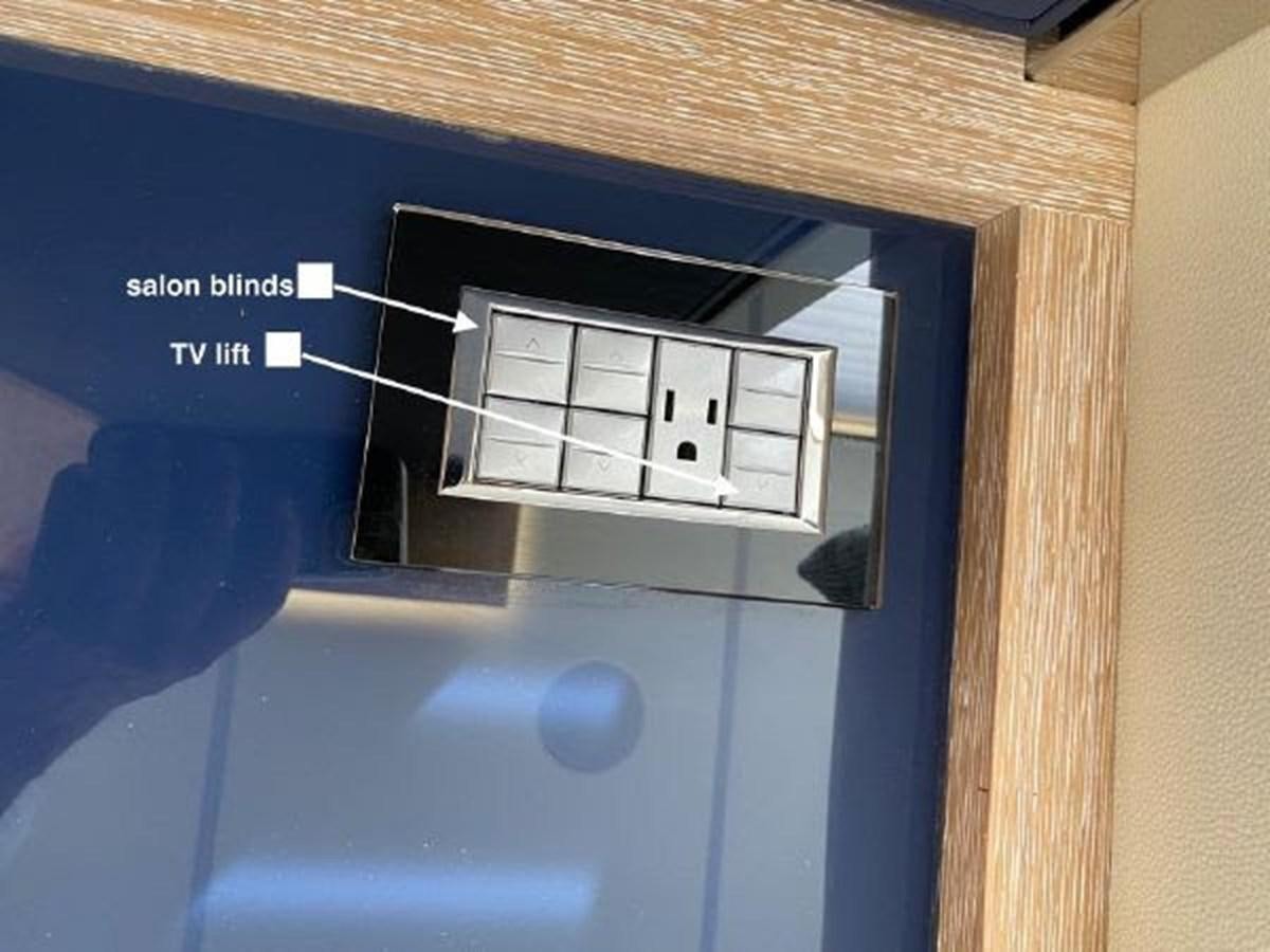 a blue box with a white box and a white box with a black and white label on it aboard THE ONLY BLUE 66 FLY Yacht for Sale