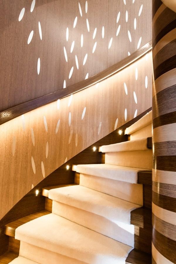 a staircase with white text aboard MY SECRET Yacht for Sale