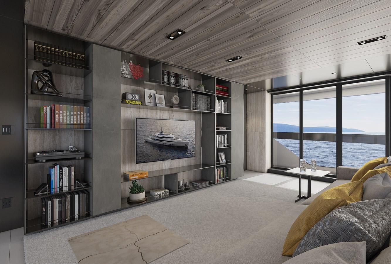 a living room with a fireplace aboard NIGHT FURY II Yacht for Sale