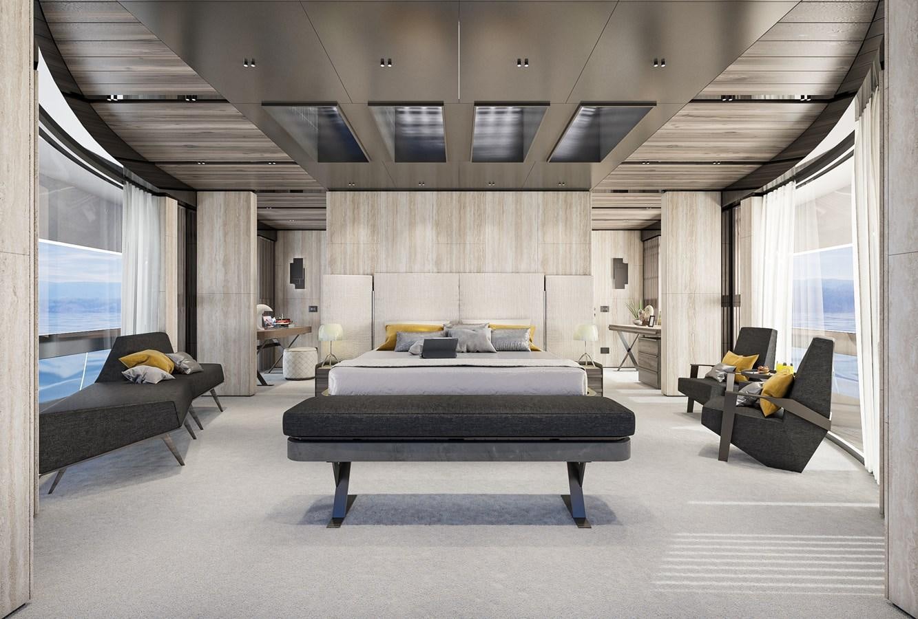 a large living room with a large bed and a large window aboard NIGHT FURY II Yacht for Sale