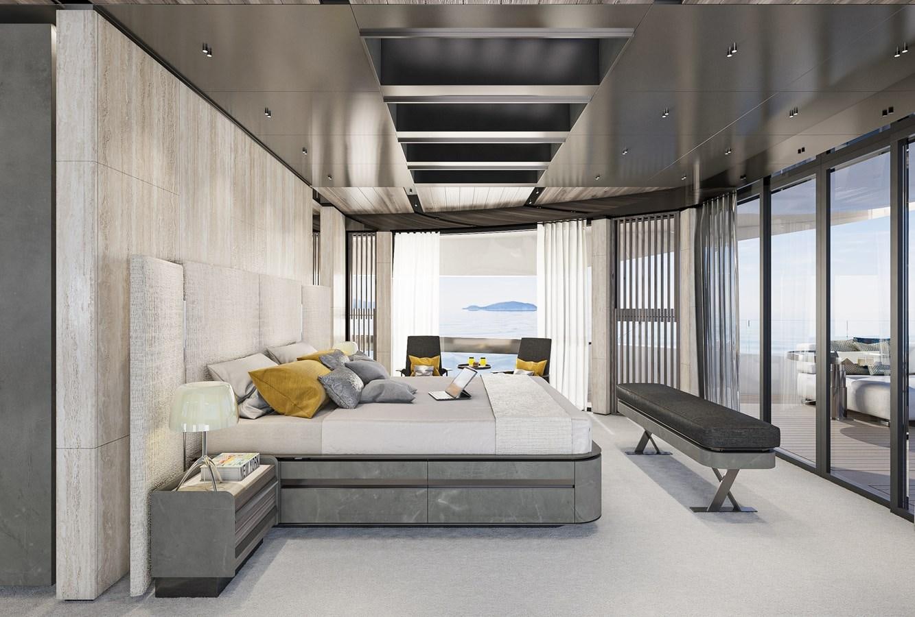 a bedroom with a large bed aboard NIGHT FURY II Yacht for Sale