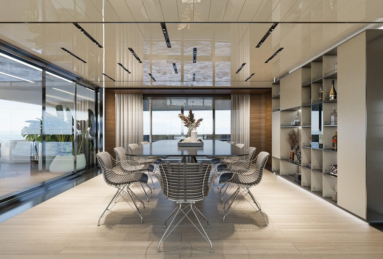 a room with a table chairs and a window aboard NIGHT FURY II Yacht for Sale