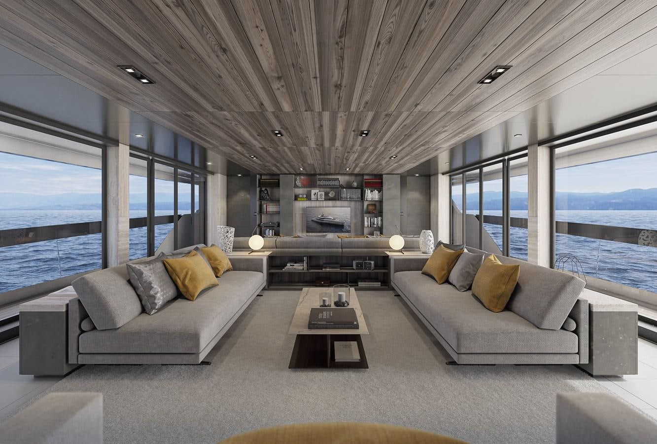 a living room with a large window aboard NIGHT FURY II Yacht for Sale