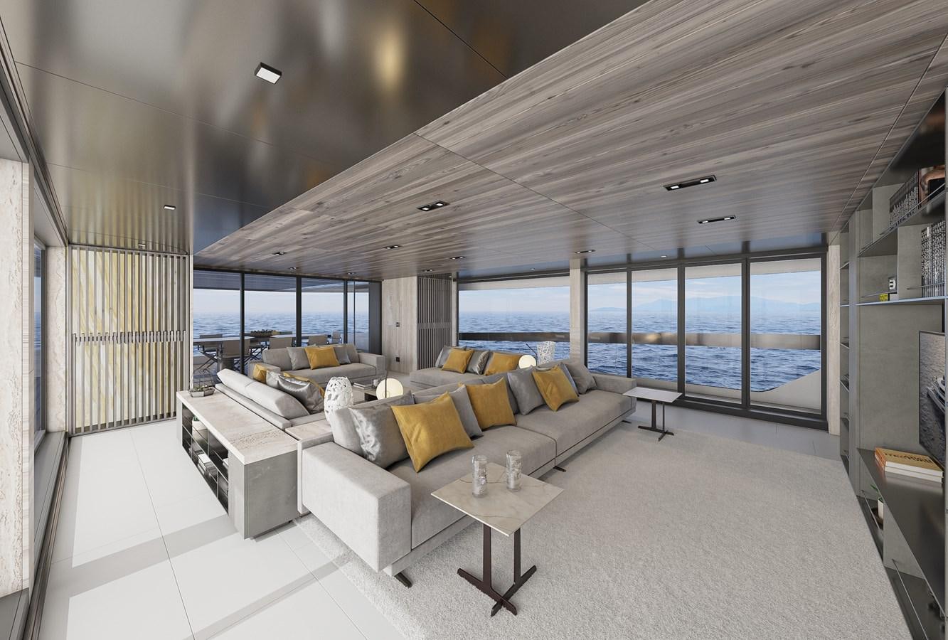 a large living room with a large window aboard NIGHT FURY II Yacht for Sale