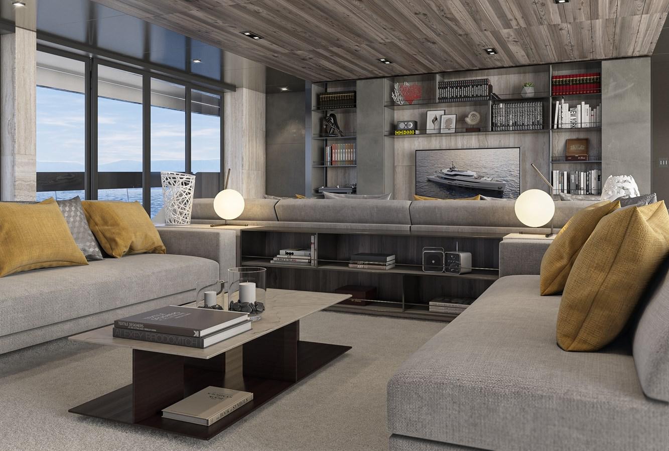 a living room with a couch and a coffee table aboard NIGHT FURY II Yacht for Sale