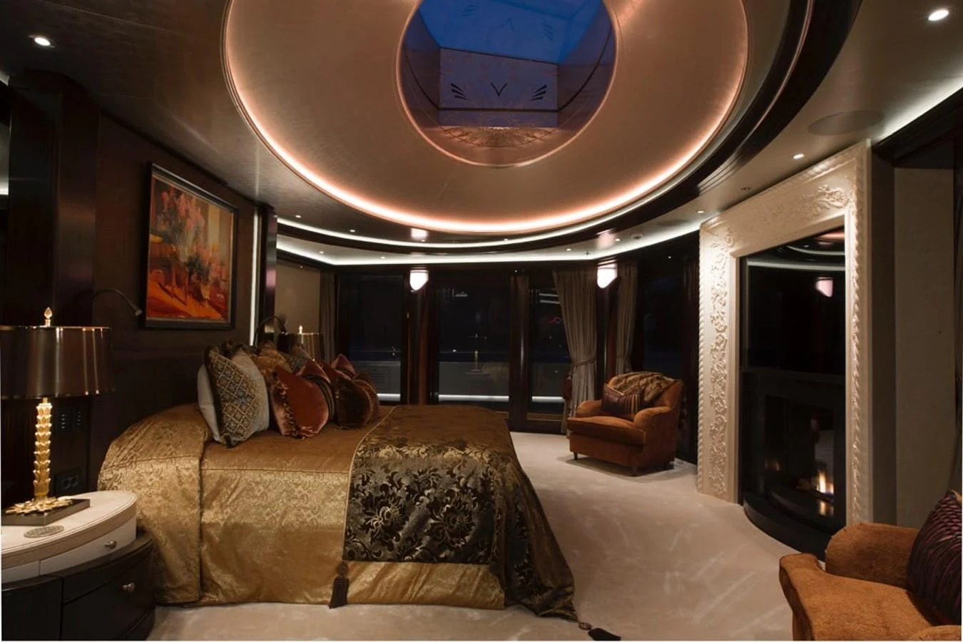 a large bedroom with a large mirror aboard WHISPER Yacht for Charter