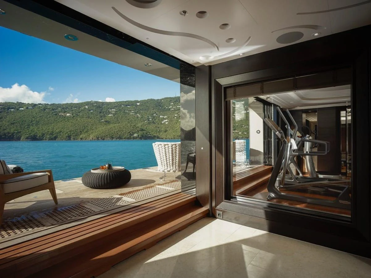 a room with a view of the water and the land aboard WHISPER Yacht for Charter