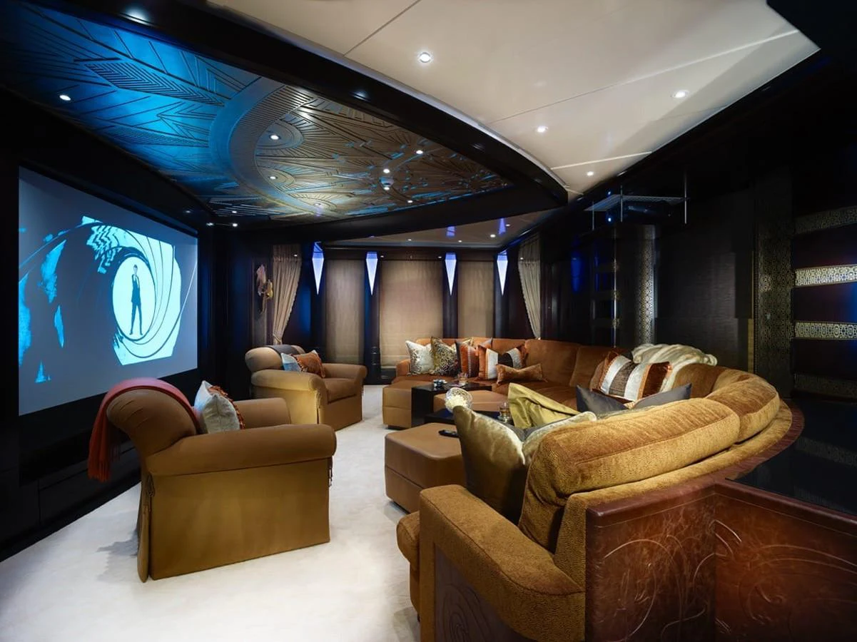 a living room with a large screen aboard WHISPER Yacht for Charter