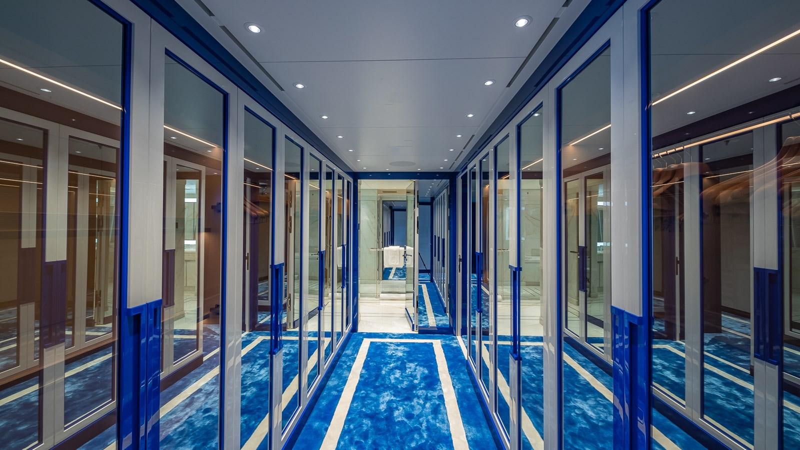 a blue and white hallway aboard CC-SUMMER Yacht for Sale