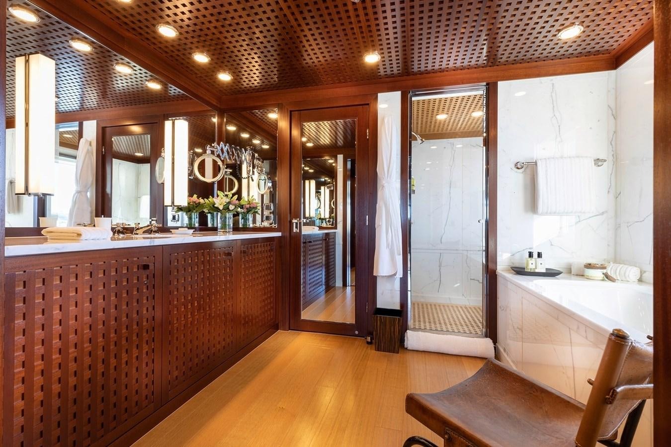 a bathroom with a large tub aboard HBC Yacht for Charter